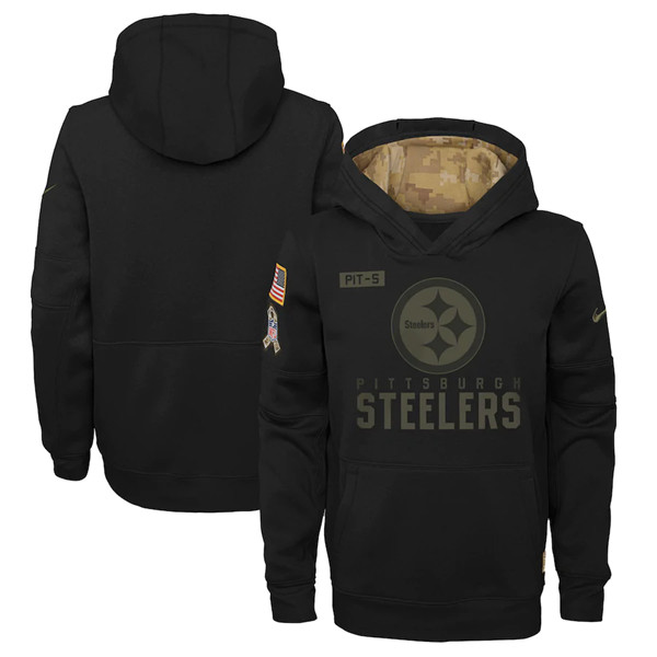 Youth Pittsburgh Steelers Black NFL 2020 Salute To Service Sideline Performance Pullover Hoodie